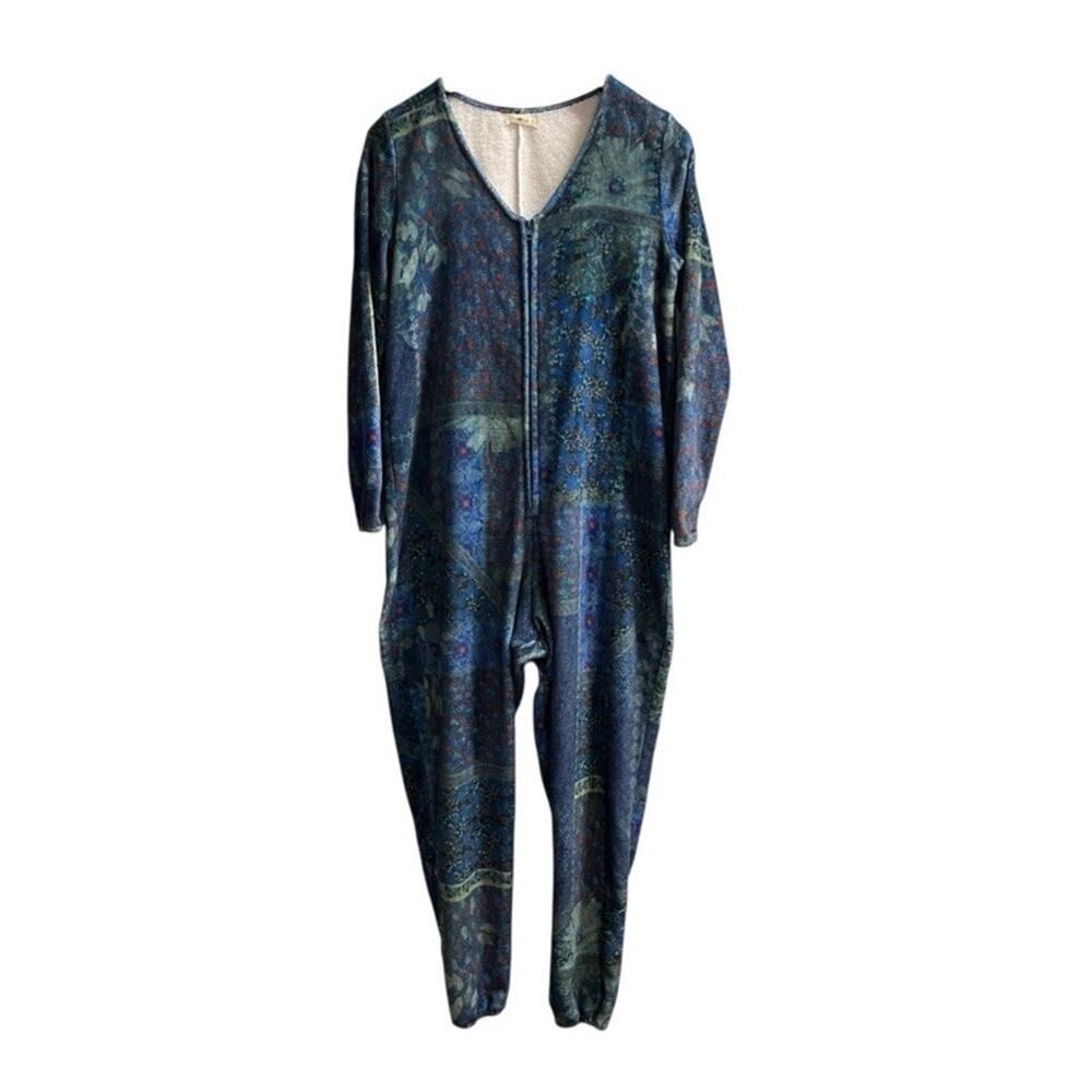 Natural Life Fleece One Piece Lounge Comfort Pajamas Blue Patchwork SO SOFT S/M - Picture 2 of 11